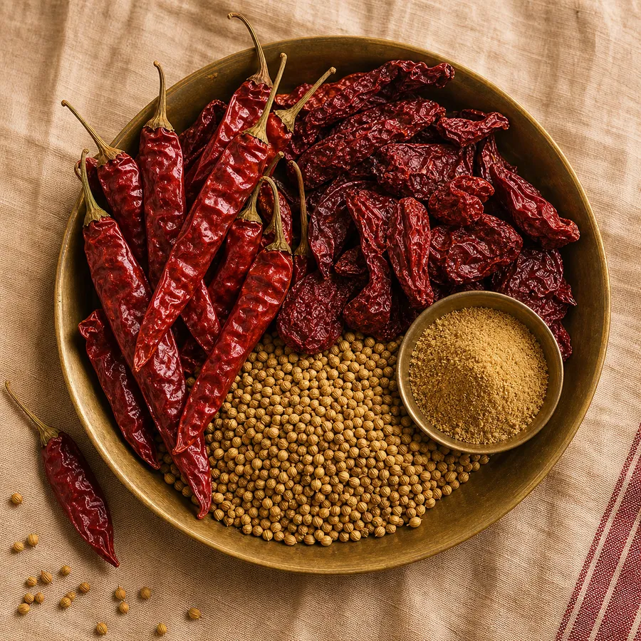Red chillies & coriander: Bedgi chilli, Kashmiri chilli and coriander