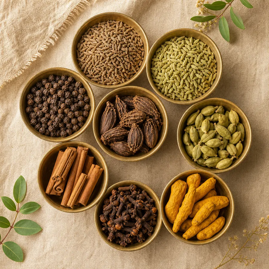 Whole spices: Cumin, fennel, pepper and cardamom